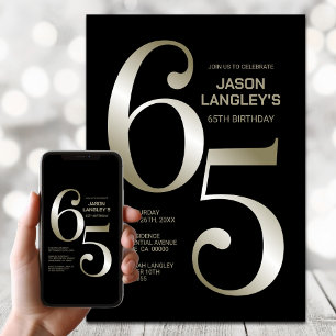 Modern Black Gold 65th Birthday Party Invitation