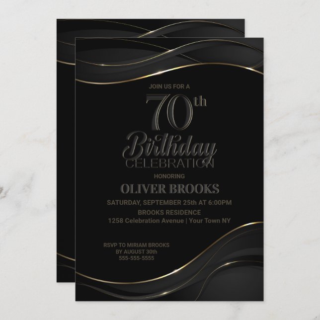 Modern Black Gold 70th Birthday Party Invitation (Front/Back)