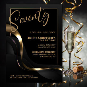 Modern Black Gold 70th Birthday Party Invitation