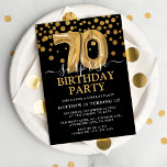 Modern Black & Gold 70th Surprise Birthday Party Invitation<br><div class="desc">Modern black and gold surprise birthday party invitation for someone who is turning seventy! Featuring a black background,  faux gold glitter confetti,  gold 70th birthday balloons and an elegant birthday template that is easy to customise.</div>