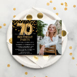 Modern Black & Gold 70th Surprise Birthday Photo Invitation<br><div class="desc">Modern black and gold surprise birthday party invitation for someone who is turning 70! Featuring a black background,  a photograph of the birthday man/woman,  faux gold glitter confetti,  gold 70th birthday balloons and an elegant birthday template that is easy to customise.</div>