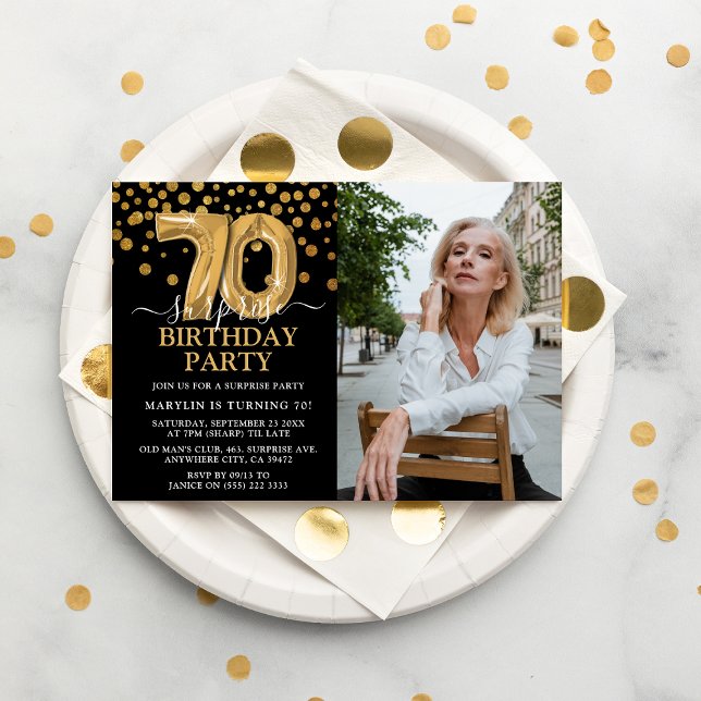 Modern Black & Gold 70th Surprise Birthday Photo Invitation (Creator Uploaded)