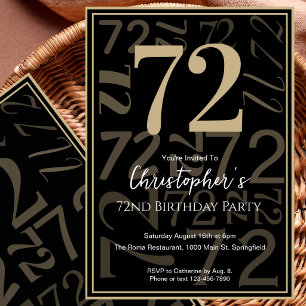 Modern Black Gold 72nd Birthday Invitation For Him