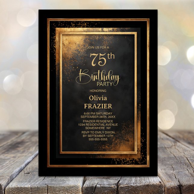 Modern Black Gold 75th Birthday Party Invitation (Creator Uploaded)