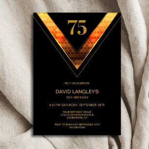 Modern Black Gold 75th Birthday Party Invitation