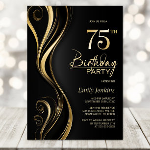 Modern Black Gold 75th Birthday Party Invitation