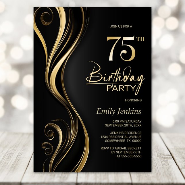 Modern Black Gold 75th Birthday Party Invitation (Creator Uploaded)