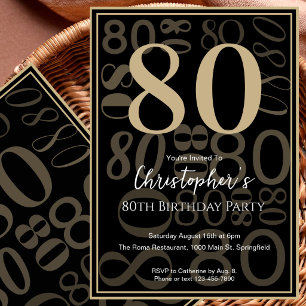 Modern Black Gold 80th Birthday Invitation For Him