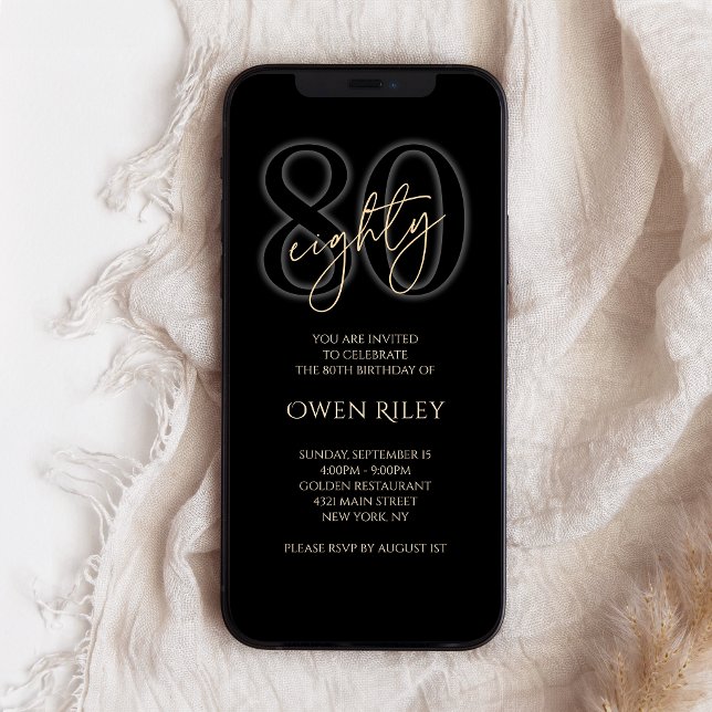 Modern Black Gold 80th Birthday Mobile Invite (Modern Black Gold 80th Birthday Mobile Invite)