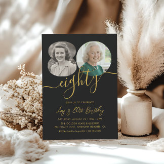 Modern Black Gold 80th Birthday Party 2 Photo Invitation