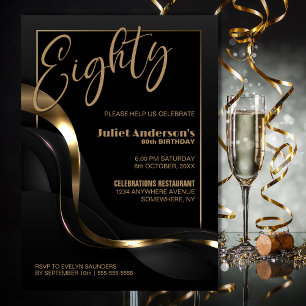 Modern Black Gold 80th Birthday Party Invitation