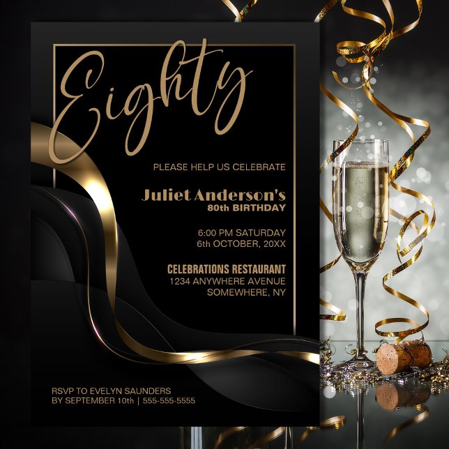 Modern Black Gold 80th Birthday Party Invitation (Creator Uploaded)