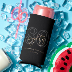 Modern Black Gold 80th Birthday Party Seltzer Can Cooler