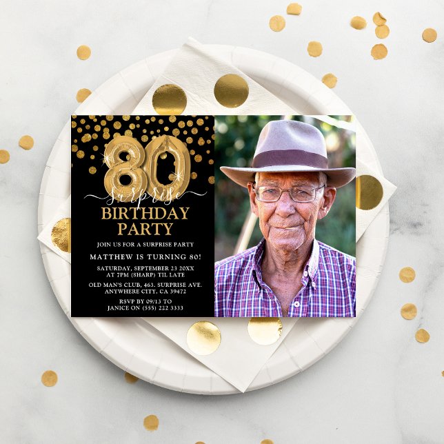 Modern Black & Gold 80th Surprise Birthday Photo Invitation (Creator Uploaded)