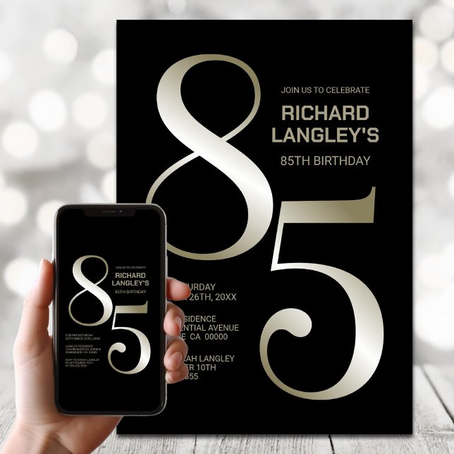 Modern Black Gold 85th Birthday Party Invitation (Creator Uploaded)