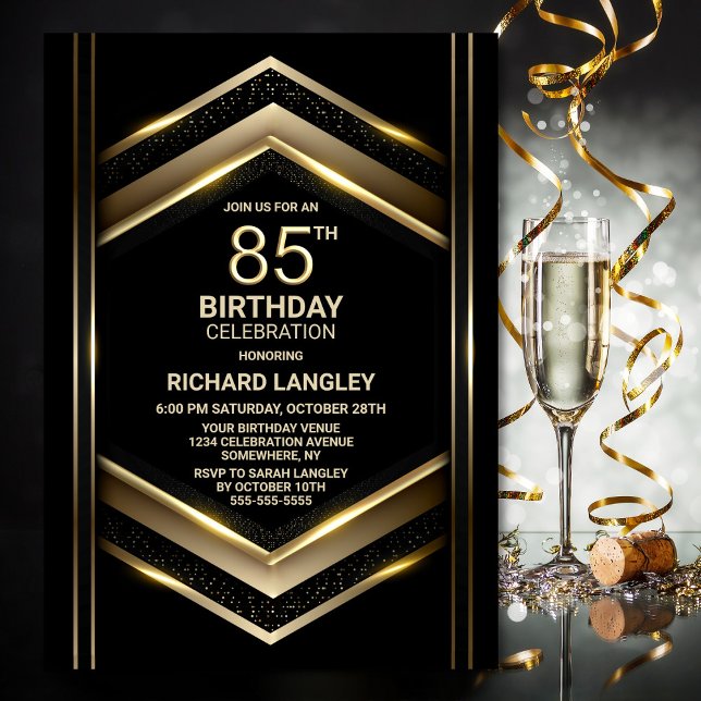 Modern Black Gold 85th Birthday Party Invitation (Creator Uploaded)