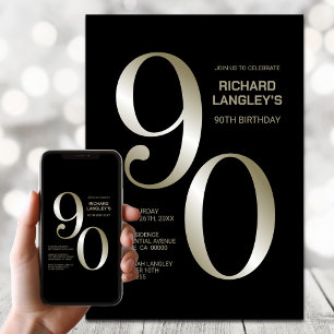Modern Black Gold 90th Birthday Party Invitation