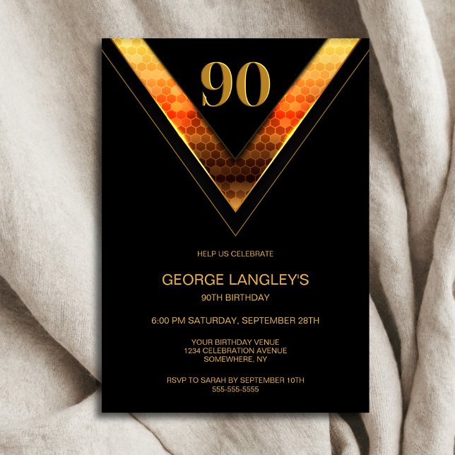 Modern Black Gold 90th Birthday Party Invitation (Creator Uploaded)