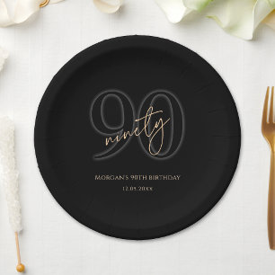 Modern Black Gold 90th Birthday Party Paper Plates