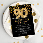 Modern Black & Gold 90th Surprise Birthday Party Invitation<br><div class="desc">Modern black and gold surprise birthday party invitation for someone turning ninety! Featuring a black background,  faux gold glitter confetti,  gold 90th birthday balloons and an elegant birthday template that is easy to customise.</div>