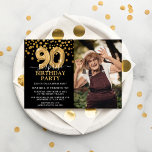 Modern Black & Gold 90th Surprise Birthday Photo Invitation<br><div class="desc">Modern black and gold surprise birthday party invitation for someone who is turning 90! Featuring a black background,  a photograph of the birthday man/woman,  faux gold glitter confetti,  gold 90th birthday balloons and an elegant birthday template that is easy to customise.</div>
