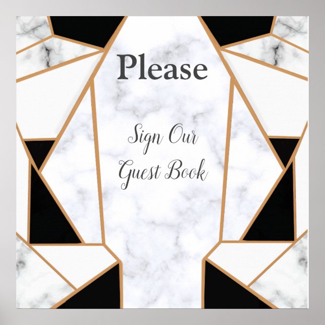 Modern Black Gold Abstract on White Marble Poster (Front)