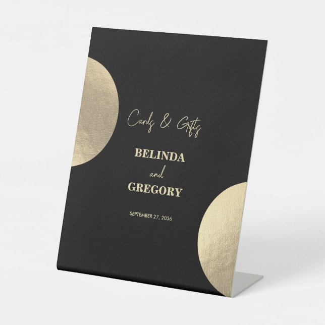 Modern Black & Gold Abstract Wedding Cards Gifts Pedestal Sign (Front)