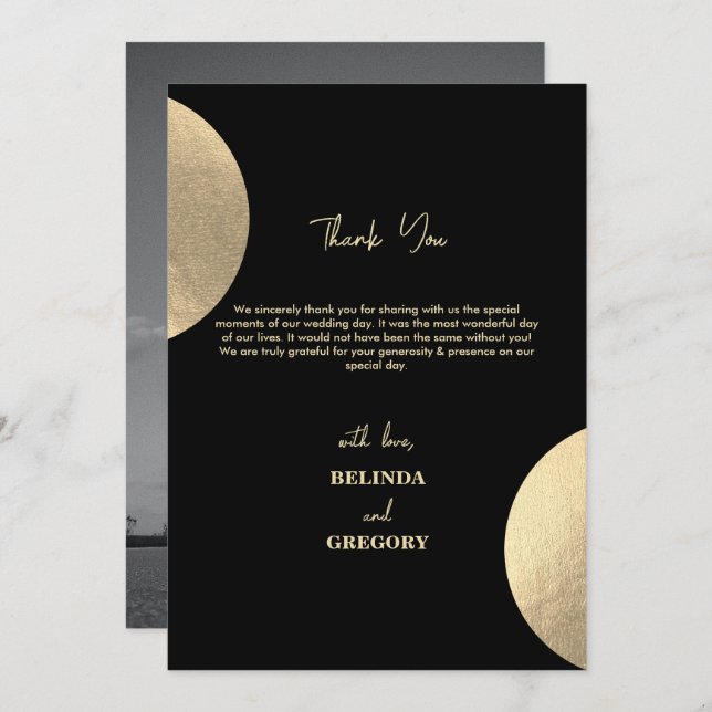 Modern Black & Gold Abstract Wedding Photo Thank You Card (Front/Back)
