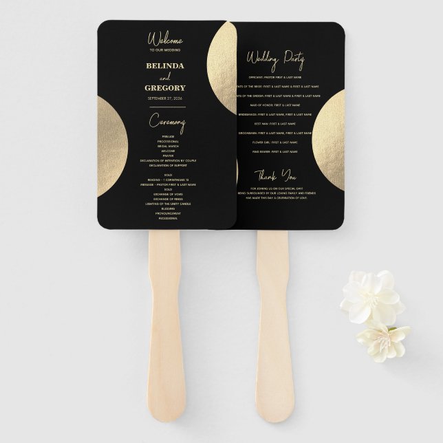 Modern Black & Gold Abstract Wedding Program Hand Fan (Front and Back)