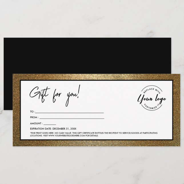 Modern Black Gold Add Logo Gift Certificate Invitation (Front/Back)