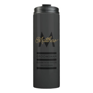 Modern Black & Gold Add Name & Monogram Groomsmans Thermal Tumbler