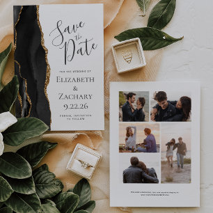 Modern Black Gold Agate 5-Photo Save the Date Card