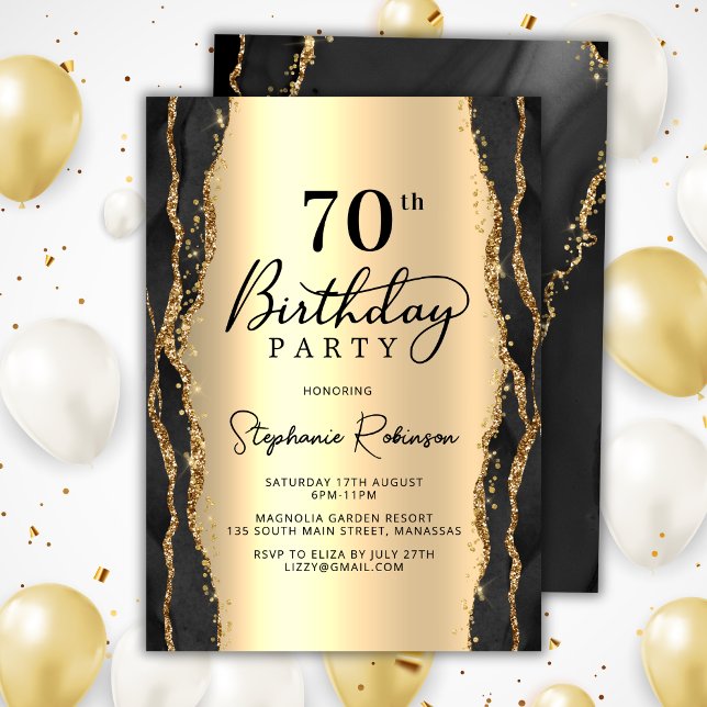 Modern Black Gold Agate 70th Birthday Invitation (Creator Uploaded)