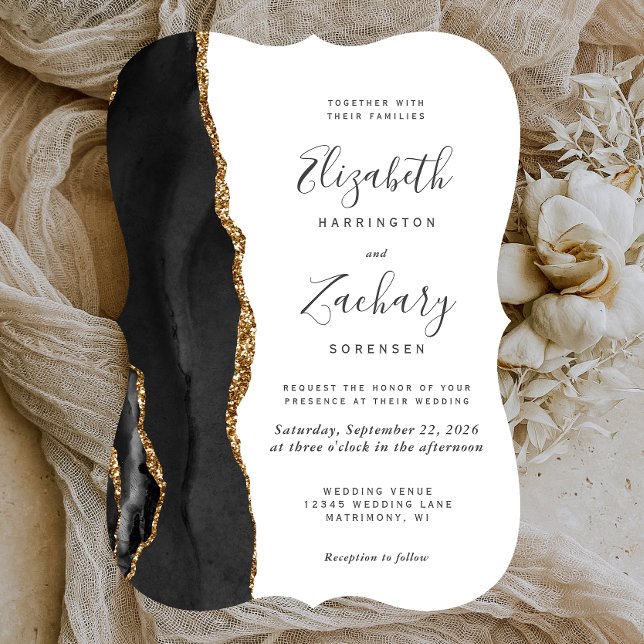 Modern Black Gold Agate Bracket Wedding Invitation (Creator Uploaded)
