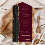 Modern Black Gold Agate Burgundy Wedding All In One Invitation<br><div class="desc">The left-hand edge of this elegant modern all-in-one wedding invitation and RSVP features a black watercolor agate border trimmed with faux gold glitter. The customisable text combines gold-coloured handwriting, copperplate and italic fonts on a burgundy background. The return address appears on the outside flap and the reverse side of the...</div>