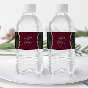 Modern Black Gold Agate Burgundy Wedding Water Bottle Label