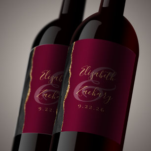 Modern Black Gold Agate Burgundy Wedding Wine Label