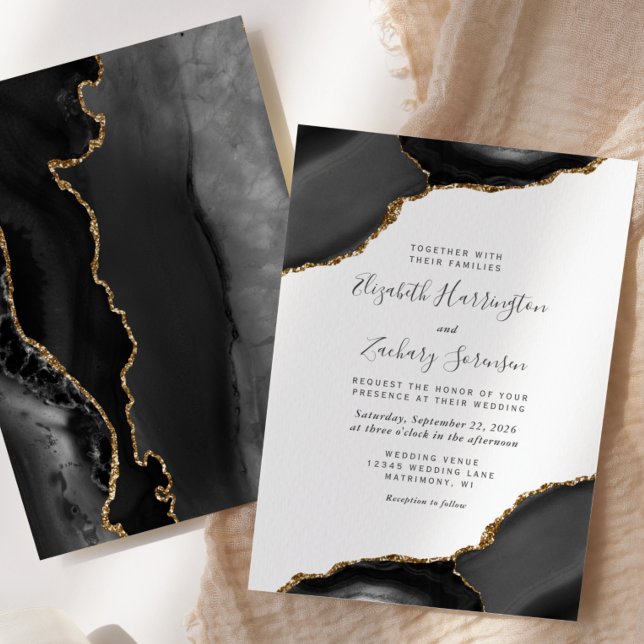Modern Black Gold Agate Corners Wedding Invitation (Creator Uploaded)