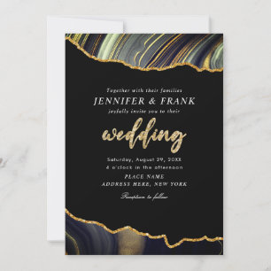 Modern Black Gold Agate Custom QR Code Wedding Invitation