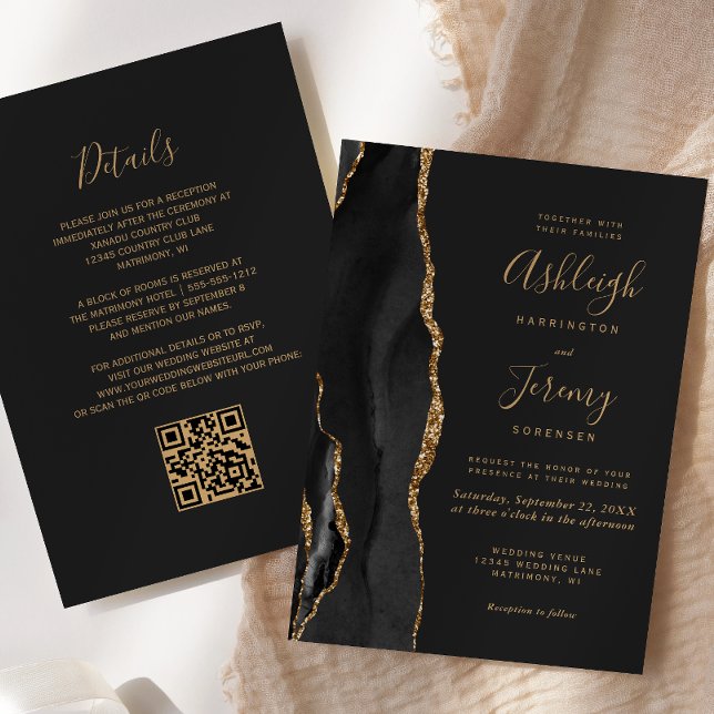 Modern Black Gold Agate Dark QR Code Wedding Invitation (Creator Uploaded)