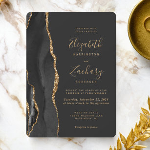 Modern Black Gold Agate Dark Rounded Wedding Invitation