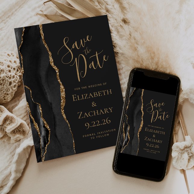 Modern Black Gold Agate Dark Save the Date Card (Creator Uploaded)