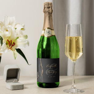 Modern Black Gold Agate Dark Wedding Sparkling Wine Label