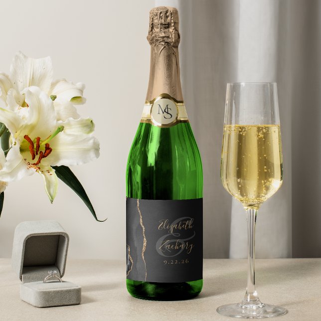 Modern Black Gold Agate Dark Wedding Sparkling Wine Label (Creator Uploaded)