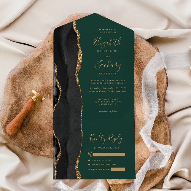 Modern Black Gold Agate Emerald Green Wedding All In One Invitation (Creator Uploaded)