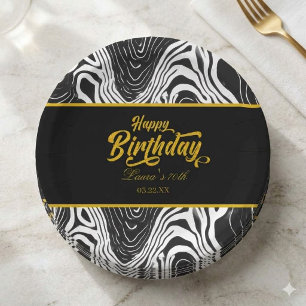 Modern Black & Gold Agate Happy Birthday Paper Plate