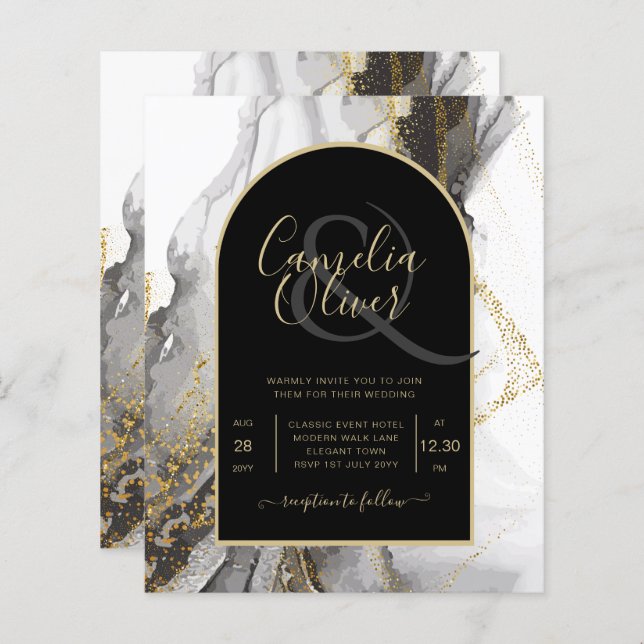 Modern Black Gold Agate Marble Glitter Wedding (Front/Back)