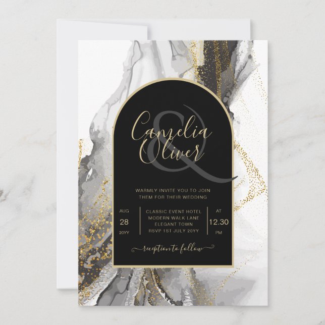 Modern Black Gold Agate Marble Glitter Wedding Invitation (Front)