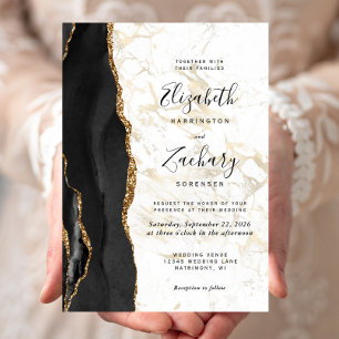 Modern Black Gold Agate Marble Wedding Invitation