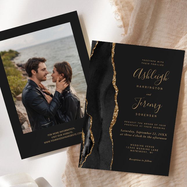 Modern Black Gold Agate Photo Dark Wedding Invitation (Creator Uploaded)